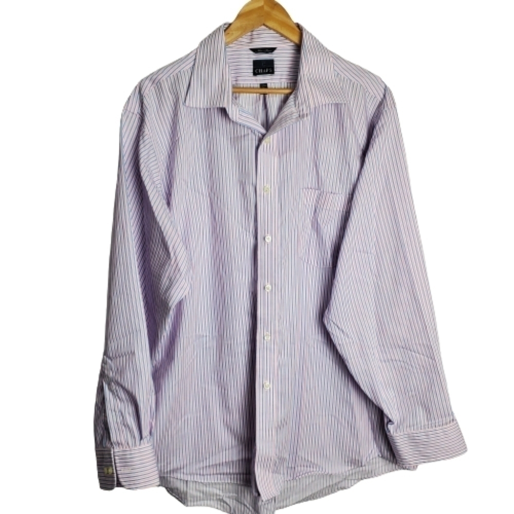 Chaps Non Iron Classic Fit Pink Blue Striped Button Down Dress Shirt Size 18